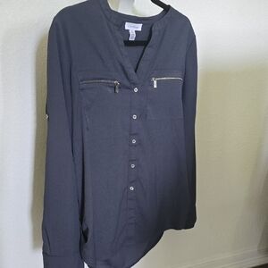 Calvin Klein Women's Navy Blue Button Down Blouse W/Zippered Pockets Sz M